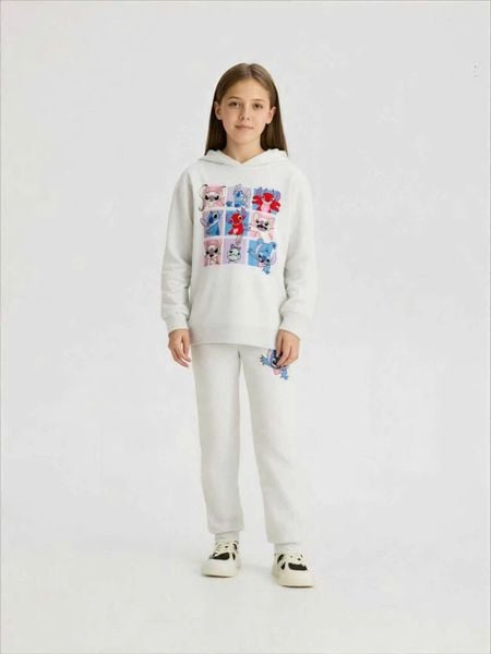 B04 - Bộ nỉ hoodie màu ghi Stitch bé gái size 7-15y