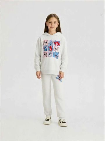 B04 - Bộ nỉ hoodie màu ghi Stitch bé gái size 7-15y