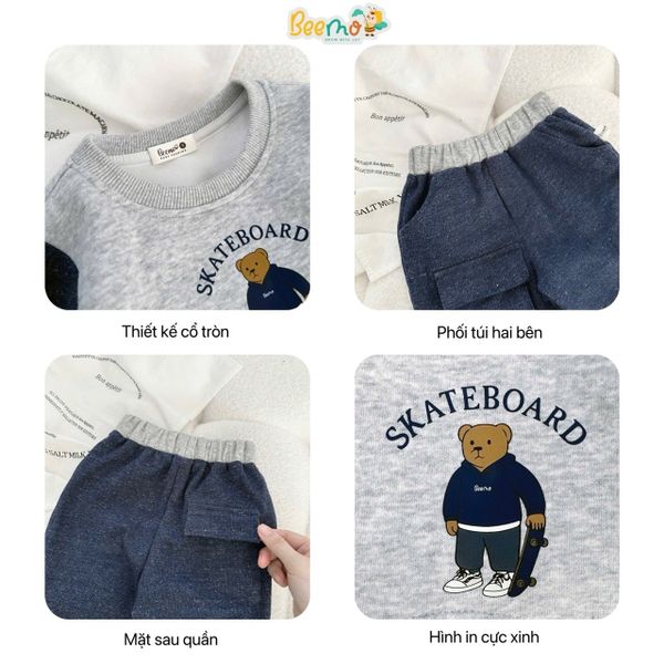 5357BDB - Bộ nỉ phối da cá in gấu Beemo