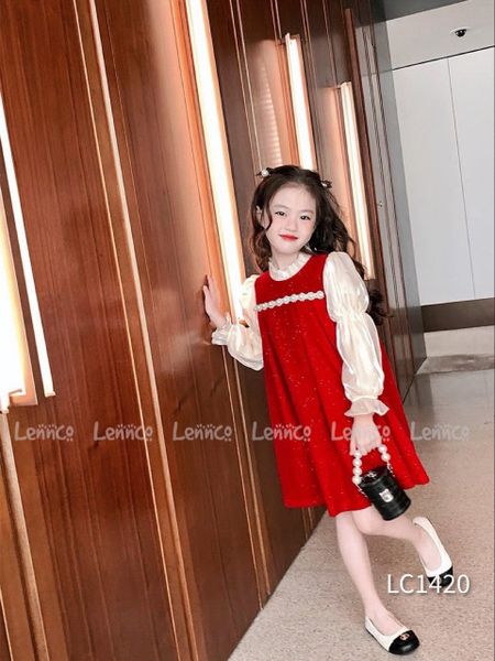 V00115 - Váy nhung đỏ nhũ tay phối voan tơ màu kem size 1-10y