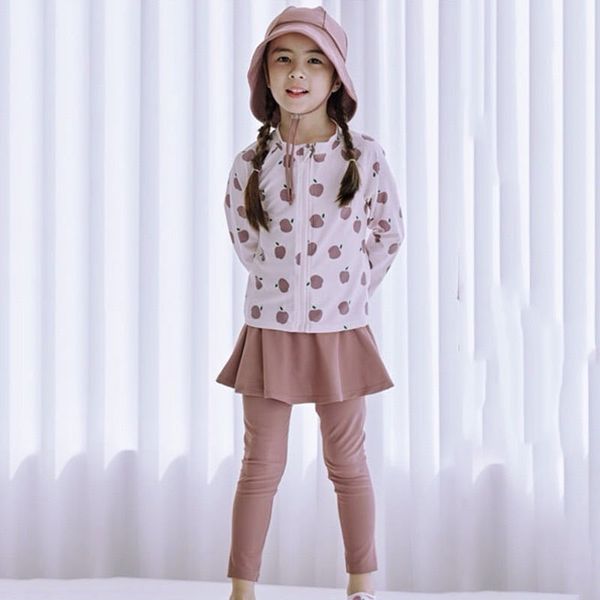 383 - Bộ bơi 3ct áo hồng quả táo + quần váy + mũ vành BG size 100-140