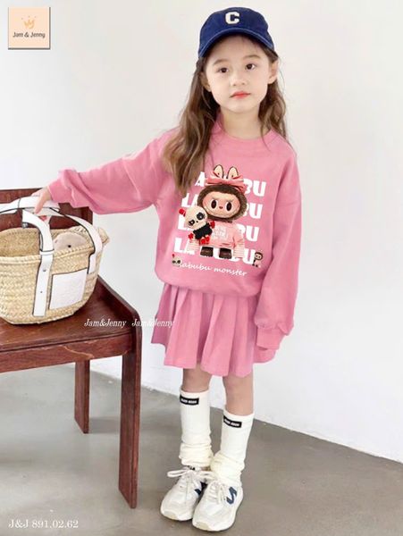 LABU612 - Set áo + chân váy da cá Jam&Jenny hình Labubu 2 màu hồng / trắng size 6 - 12y