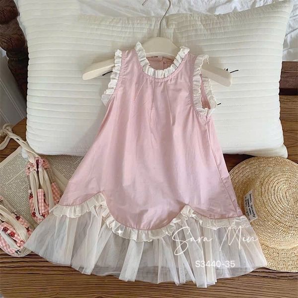 S3440 - Váy Sara Min thô cotton mix chân ren mềm 2 màu hồng/xanh bơ bé gái size 2-12y