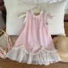 S3440 - Váy Sara Min thô cotton mix chân ren mềm 2 màu hồng/xanh bơ bé gái size 2-12y