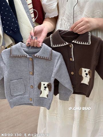 CC21 - Cardigan len cổ đức họa tiết cún 2 màu ghi/nâu cho bé size 80-130