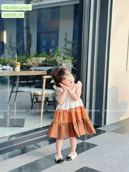 S5020 - Váy Sofia Candy hai dây cánh tiên kem phối nâu 3 tầng size 1 - 10y