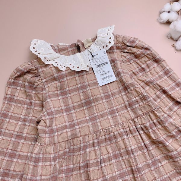 V00092 - Váy thô kẻ caro nâu phối cổ bèo ren trắng