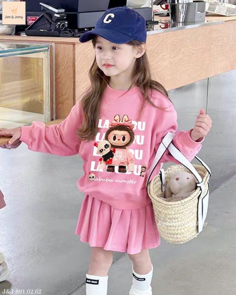 LABU612 - Set áo + chân váy da cá Jam&Jenny hình Labubu 2 màu hồng / trắng size 6 - 12y