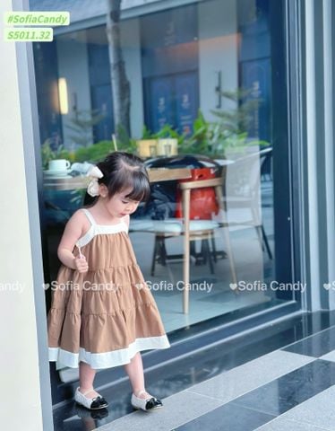 S5011 - Váy Sofia Candy 2 dây tầng xoè phối viền 2 màu nâu/trắng cho bé gái size 1-10y