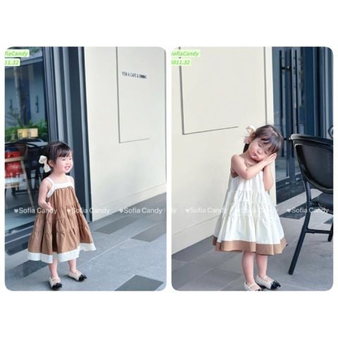 S5011 - Váy Sofia Candy 2 dây tầng xoè phối viền 2 màu nâu/trắng cho bé gái size 1-10y