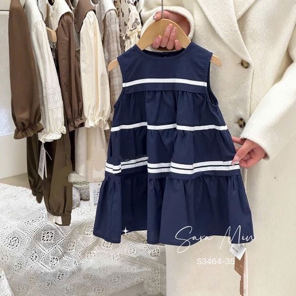 S3464 - Váy Sara Min thô kẻ sọc ngang 2 màu trắng/navy bé gái size 2-12y