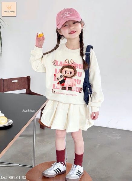 LABU612 - Set áo + chân váy da cá Jam&Jenny hình Labubu 2 màu hồng / trắng size 6 - 12y