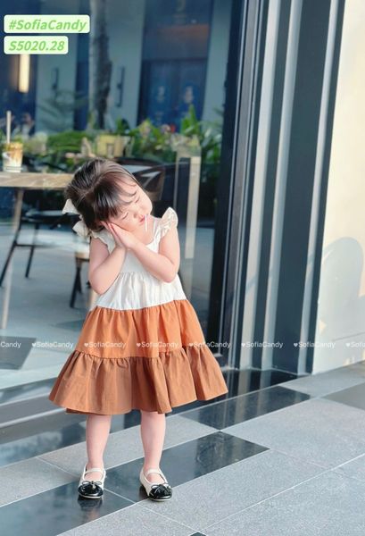 S5020 - Váy Sofia Candy hai dây cánh tiên kem phối nâu 3 tầng size 1 - 10y