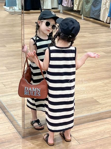 S3390 - Váy thun Sara Min kẻ ngang trắng đen bé gái size 2-12y