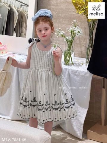 MLSDCC.7531 - Váy Melisa kẻ vai thắt nơ thêu hoa đen size 2-11y