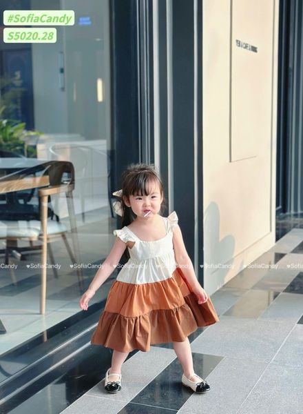S5020 - Váy Sofia Candy hai dây cánh tiên kem phối nâu 3 tầng size 1 - 10y