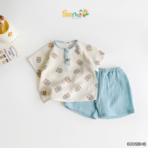 6009BHB - Bộ mặc nhà muslin Beemo áo họa tiết quần trơn size 1-5y