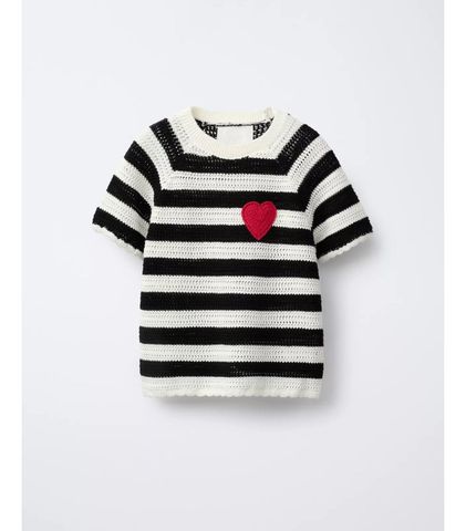 ABG18 - Áo len dệt kẻ ngang trắng đen ngực thêu tim đỏ size 6 - 14y