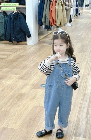 M5582 - Set Mia Kids áo thun kẻ trắng đen - quần yếm jean xanh size 2 - 12y