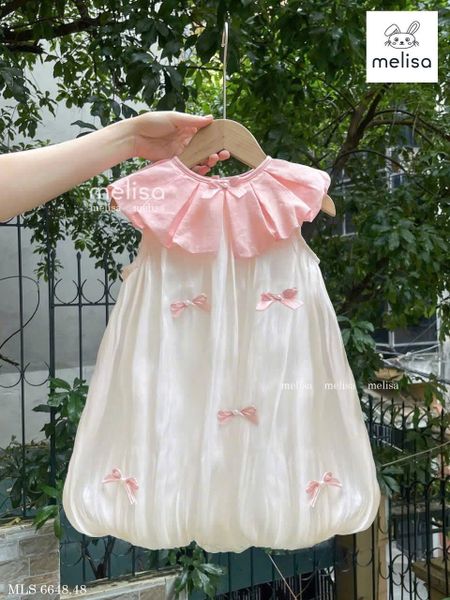 MLSDCC.6648 - Váy Melisa bí vải tơ đính nơ cổ sen hồng size 2-12y