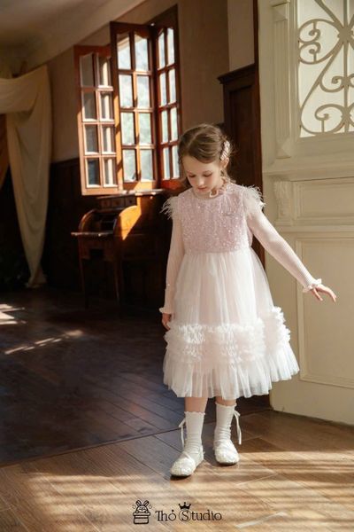 P2539631 - Set áo len + váy đính lông hồng bé gái size 110-150