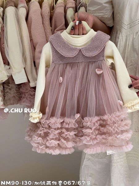 B25067 - Set áo len + váy công chúa đính tim màu hồng cho bé size 90-130