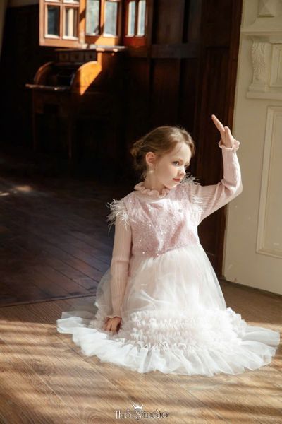 P2539631 - Set áo len + váy đính lông hồng bé gái size 110-150