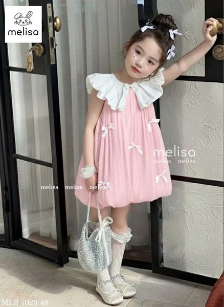 MLSDCC.6648 - Váy Melisa bí vải tơ đính nơ cổ sen hồng size 2-12y