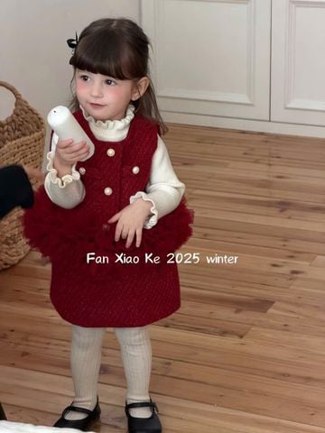 25223 - Set 3ct áo len + gile dạ + chân váy Fanxiaoke màu đỏ bé gái size 80-120