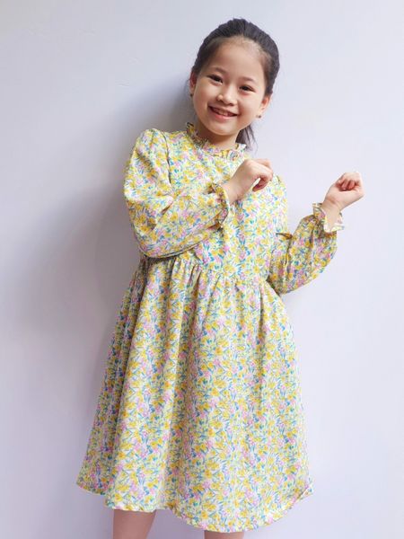 V00152 - Váy hoa nhí vàng hồng cổ bèo nhún eo
