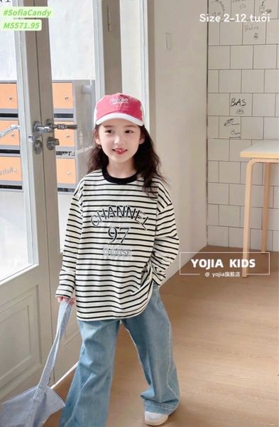 M5571 - Bộ Mia Kids áo thun kẻ ngang + quần jean mềm cho bé size 2-12y
