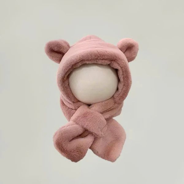 PK08 - Mũ choàng lông liền khăn tai gấu trơn màu cho bé Free size 2 - 6y