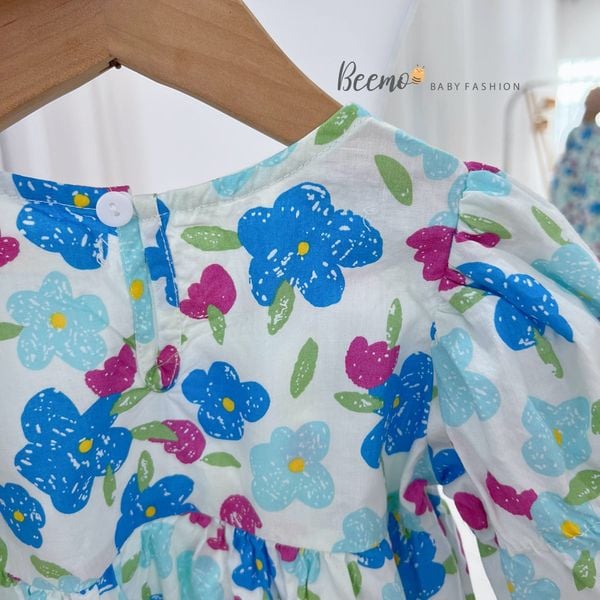 V00126 - Váy hoa nhí tay nhún Beemo 2 màu xanh/đỏ BG