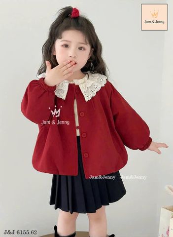 JJ 6155 - Bộ Jam & Jenny áo khoác gió đỏ cổ ren trắng + chân váy xếp ly đen size 2-12y