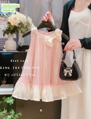 S4449 - Váy Sofia Candy công chúa kim sa hồng phối voan đính nơ cổ size 1 - 10y