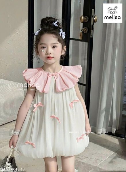 MLSDCC.6648 - Váy Melisa bí vải tơ đính nơ cổ sen hồng size 2-12y