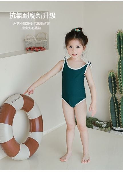 DB00016 - Bộ bơi liền thân kèm mũ trơn màu viền trắng nhiều màu bé gái size 80-130