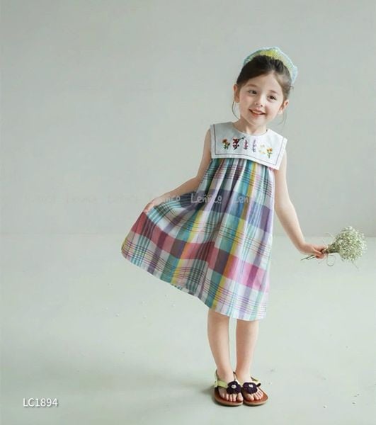 LC1894 - Váy Lennco kẻ caro sắc màu cổ yếm size 1-10y