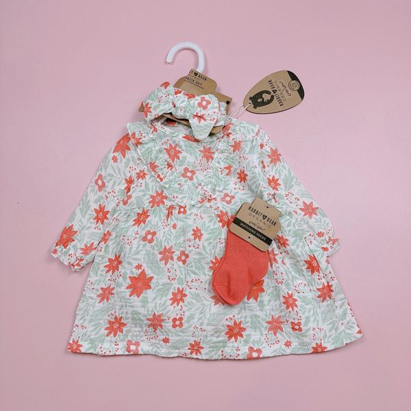 V00077 - Set 4ct váy muslin + quần chip + băng đô + tất bé gái size 3-12m