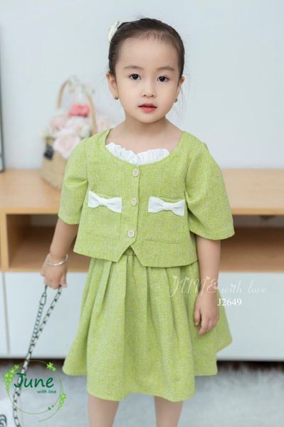 V00167 - Set áo váy dạ text June with love màu xanh 1-10y