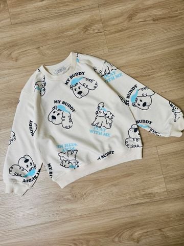 ABT21 - Áo nỉ da cá màu trắng hình cún My Buddy cho bé size 110- 140