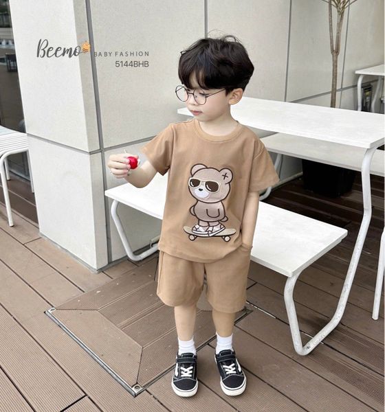 5144BHB - Bộ Beemo cổ tròn thêu gấu cho bé trai size 1-6y