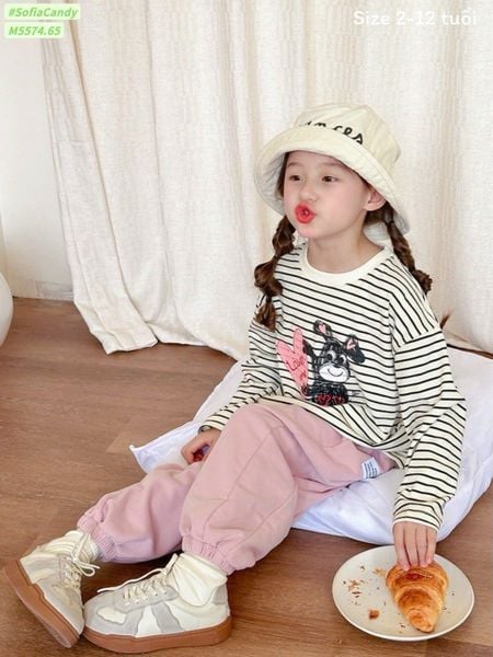 M5574 - Set bộ Mia Kids áo kẻ đen + quần nỉ hồng bé gái size 2-12y