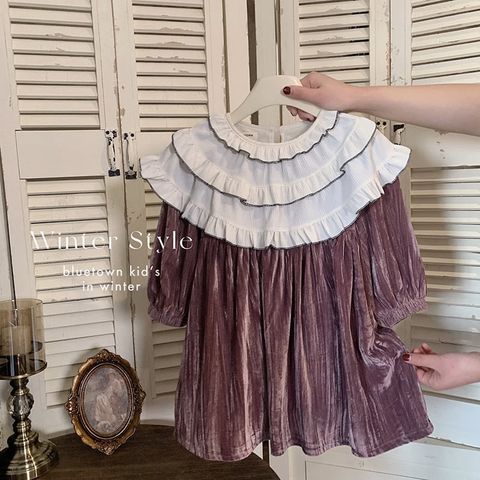 V00112 - Váy nhung lót nỉ màu hồng nâu cổ bèo trắng bé gái size 90-140