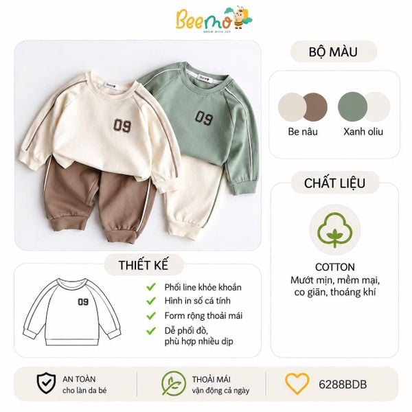 6288BDB - Bộ thun Beemo số 09 năng động 2 màu bé trai size 1-6y