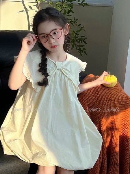 LC1814 - Váy bí Lennco cổ nơ bèo to 2 màu xanh/kem cho bé size 1-10y