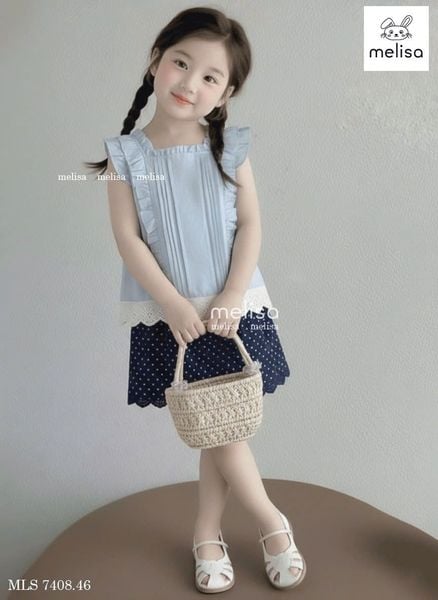 MLSBCC.7408 - Bộ Melisa áo xanh cánh tiên + chân váy chấm bi navy size 2-12y