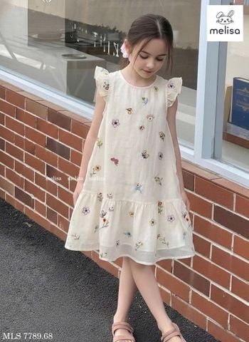 MLSDCC.7789 - Váy voan Melisa màu kem thêu hoa bướm tay cánh tiên size 1 - 10y