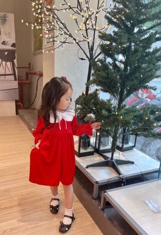 V00119 - Váy nhung đỏ phối cổ sen bèo trắng size 12m - 10y
