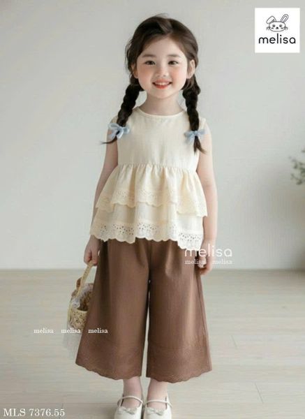 MLSBCC.7376 - Bộ Melisa áo ren kem + quần nâu ren size 2-12y